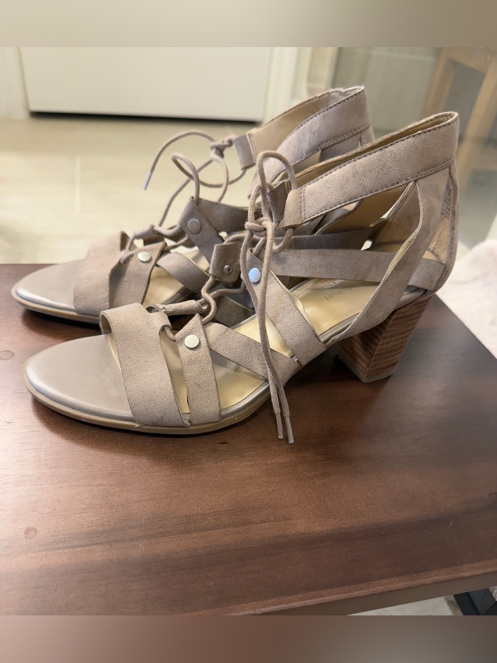 Naturalizer Taupe Lace-Up Block Heel Sandals